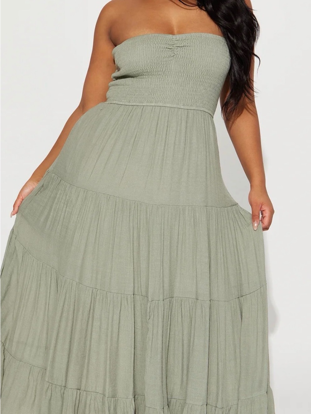 Fashion Nova Strapless Tiered Maxi Dress in Sage Green